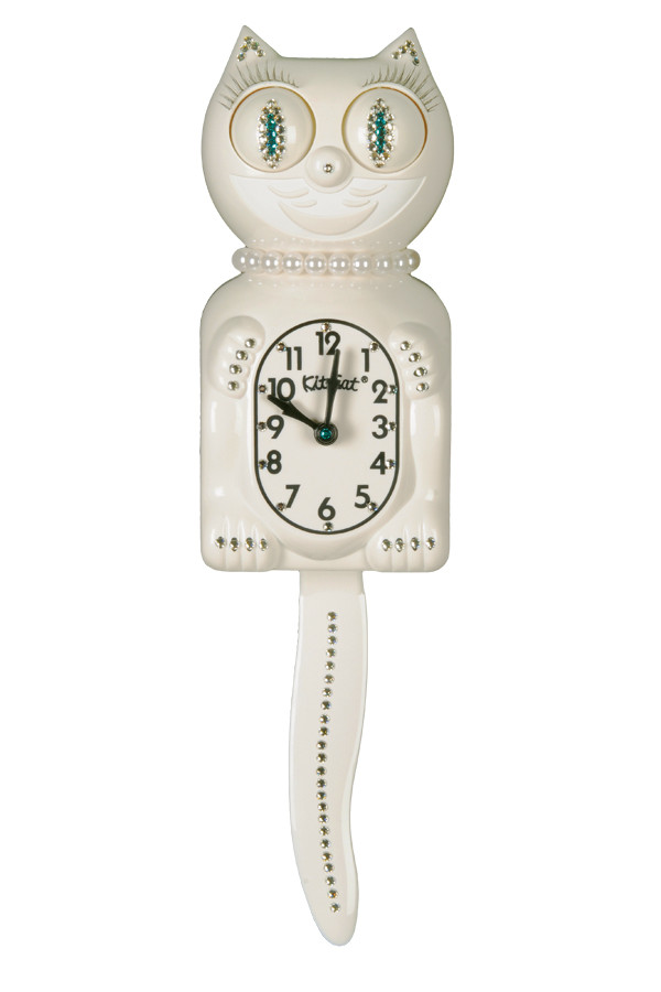 White Jeweled (green) Lady KitCat Clock (JLBC12G) S.P.A.C.E space