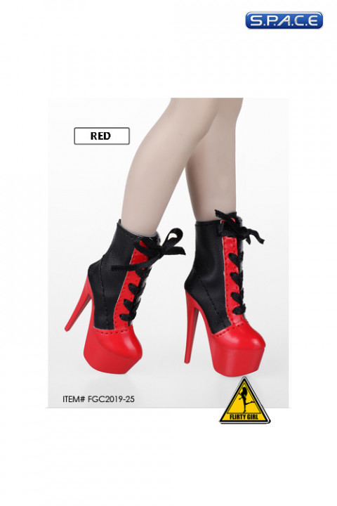 1/6 Scale Female Heeled Lace-up Ankle Boots (black/red)
