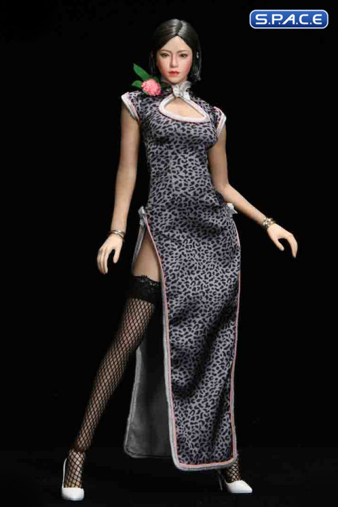 1/6 Scale Pomelo Head Sculpt with Leopard Cheongsam Dress Character Set (grey)