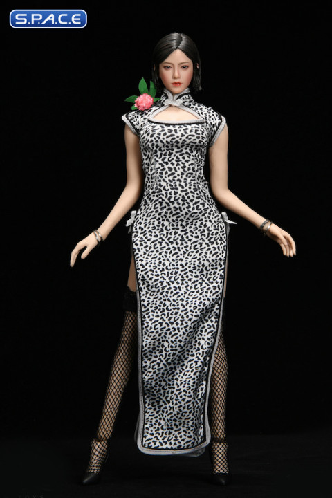 1/6 Scale Pomelo Head Sculpt with Leopard Cheongsam Dress Character Set (white)