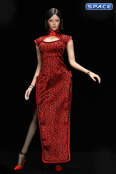 1/6 Scale Pomelo Head Sculpt with Leopard Cheongsam Dress Character Set (red)