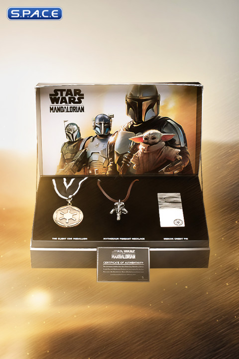 Client Cog Medallion, Beskar Credit Pin & Mythosaur Pendant Necklace Set (The Mandalorian)