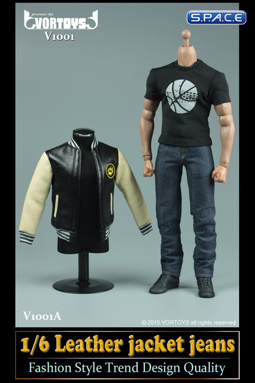 1/6 Scale black and white Leather Jacket and Jeans Set