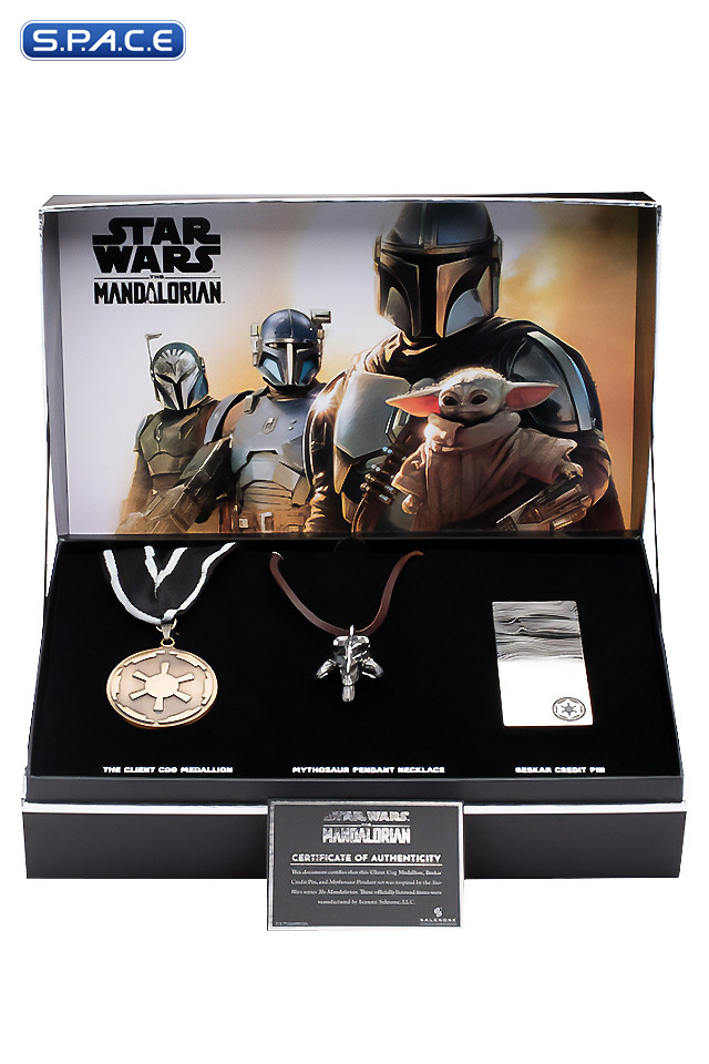 Client Cog Medallion, Beskar Credit Pin & Mythosaur Pendant Necklace Set (The Mandalorian)
