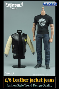 1/6 Scale black and white Leather Jacket and Jeans Set