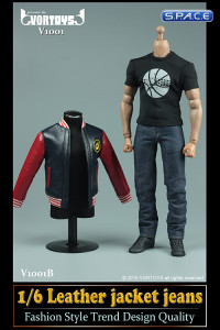 1/6 Scale black and red Leather Jacket and Jeans Set