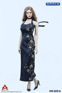 1/6 Scale black patterned Cheongsam Dress Set