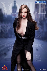 1/6 Scale fashionable deep V-Neck trench coat suit black