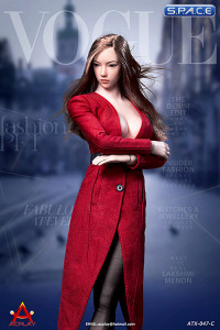 1/6 Scale fashionable deep V-Neck trench coat suit red