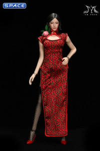 1/6 Scale Pomelo Head Sculpt with Leopard Cheongsam Dress Character Set (red)