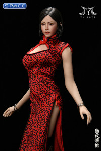 1/6 Scale Pomelo Head Sculpt with Leopard Cheongsam Dress Character Set (red)