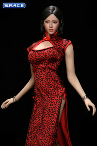 1/6 Scale Pomelo Head Sculpt with Leopard Cheongsam Dress Character Set (red)