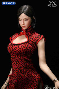 1/6 Scale Pomelo Head Sculpt with Leopard Cheongsam Dress Character Set (red)