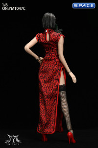 1/6 Scale Pomelo Head Sculpt with Leopard Cheongsam Dress Character Set (red)